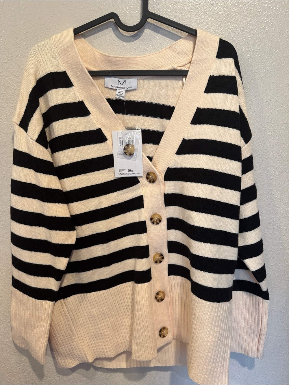 Magaschoni Black & Cream Striped V-Neck Button Cardigan